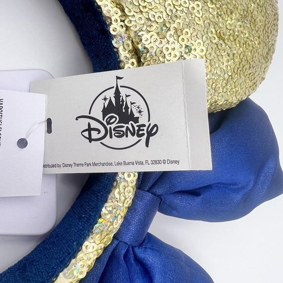 Disney World 50th Anniversary Gold Sequin Blue Satin Minnie Bow Ear Headband - Picture 7 of 10